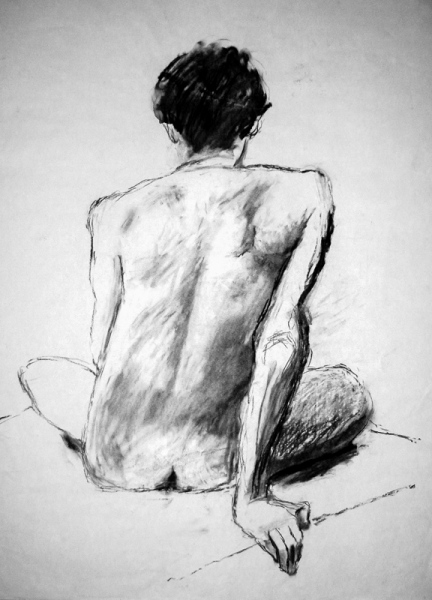 'Male Nude from back' charcoal, 84x59cm