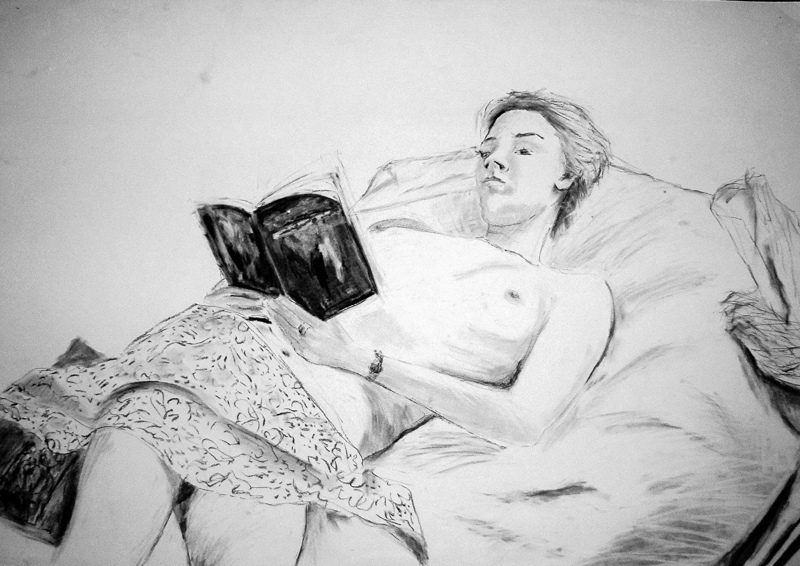'Nude girl with a book', charcoal, 84x59cm